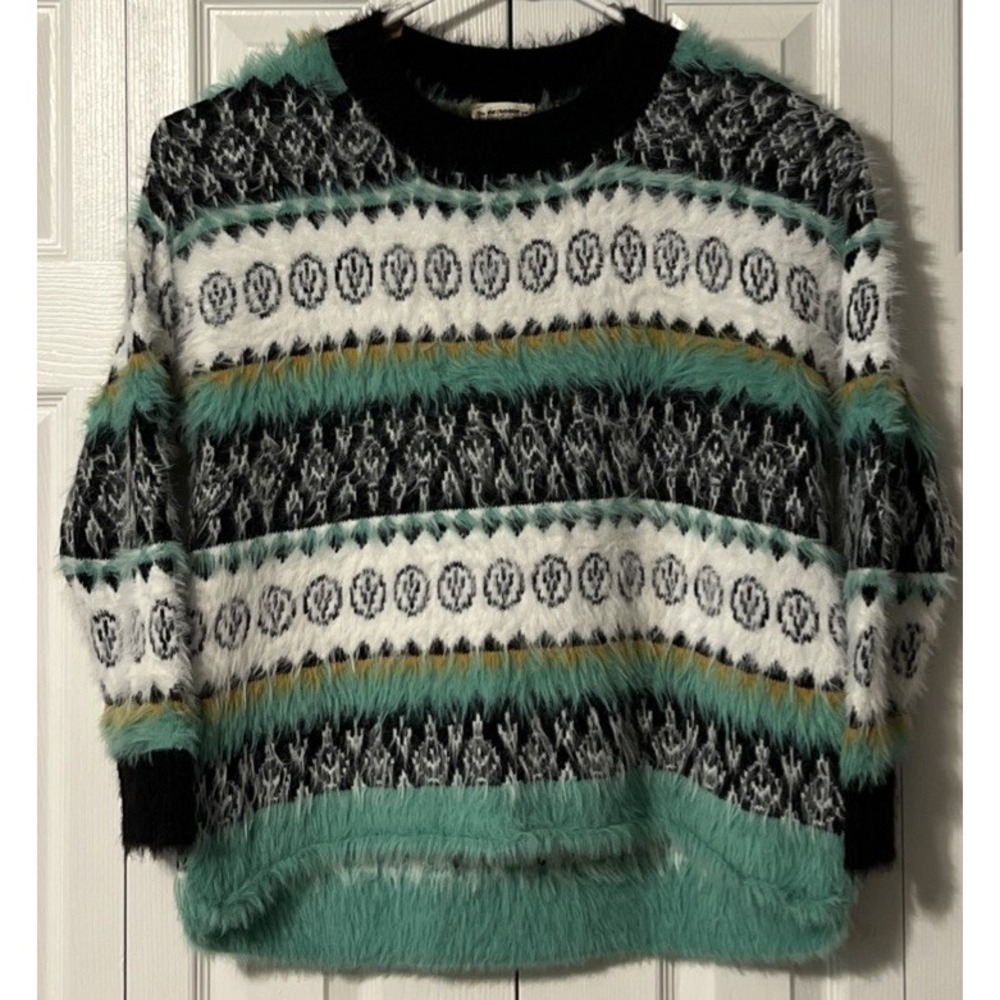 ee: some Women's Fair Isle Geometric Teal/Black/White Fuzzy Sweater Size Small - Picture 9 of 10